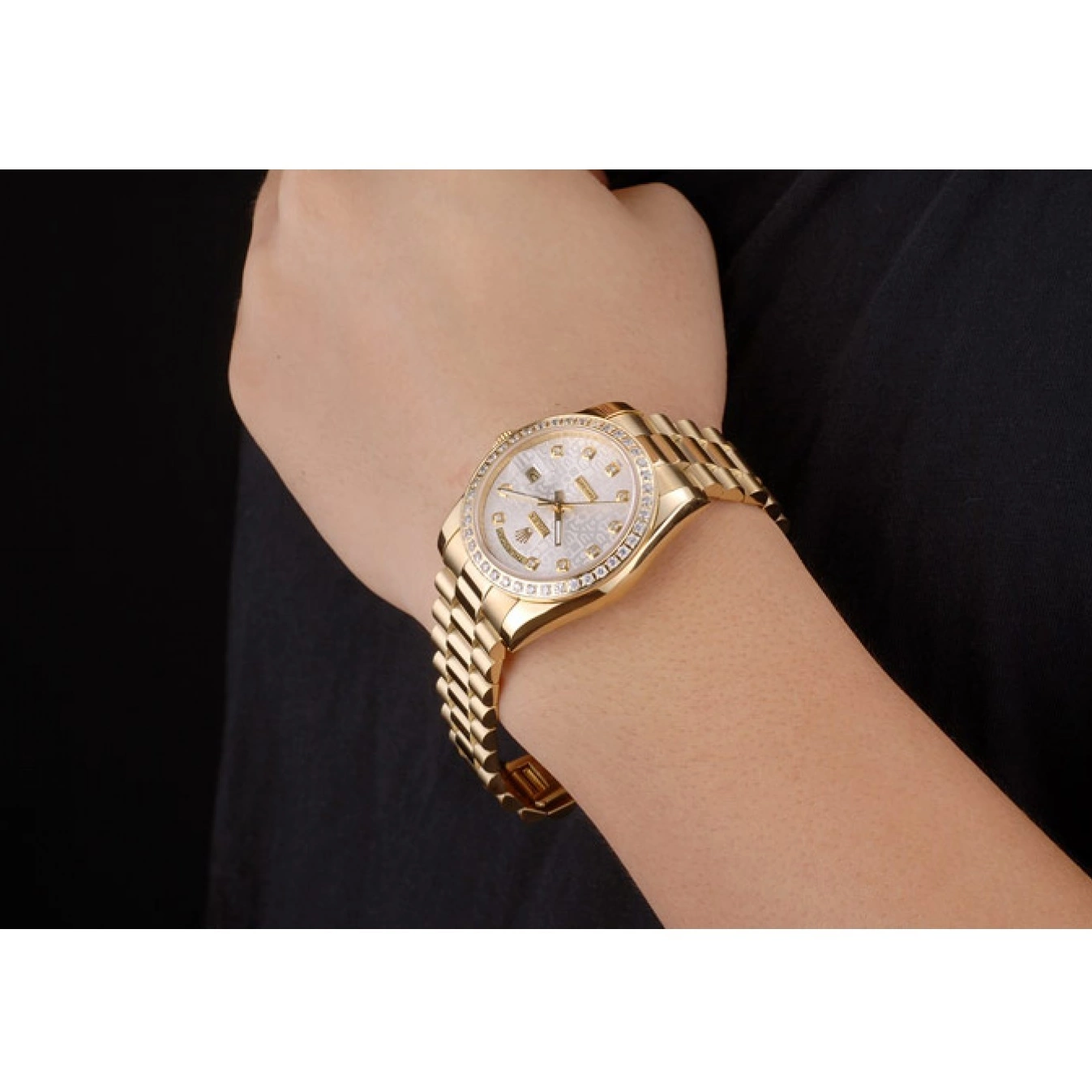 Aaa replica watch Day-Date Dial Gold White Plated Yellow Stainless 18k Rolex Steel 0709